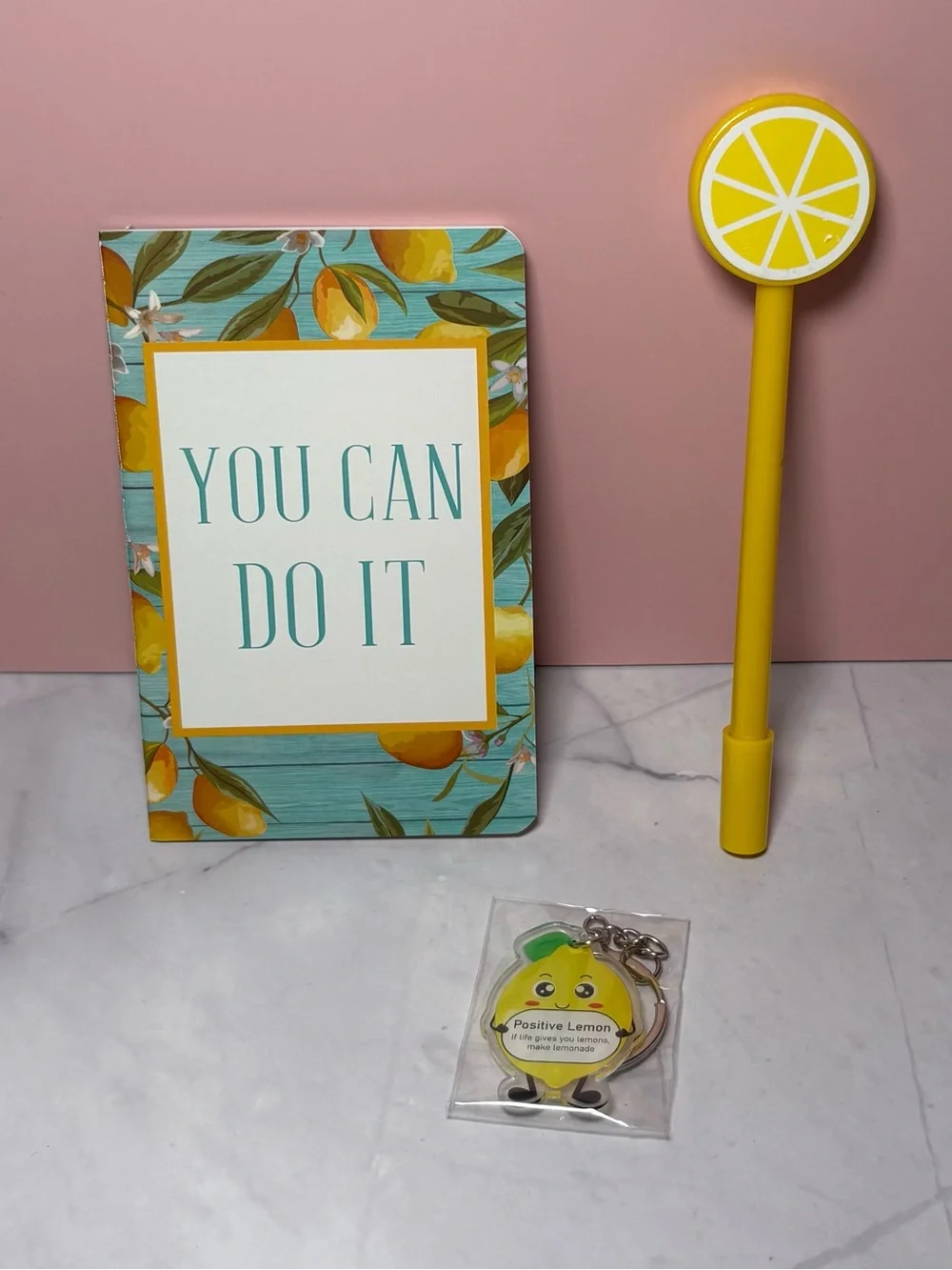 Lemon Print ‘You Can Do It’ Mini Notebook, Pen and Keychain